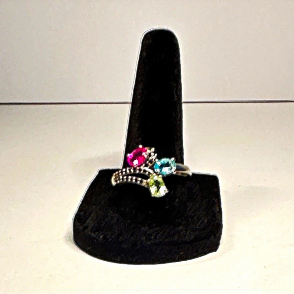 Silver-Tone Metal Multicolor Teardrop Crystal Prong-Set Cocktail Ring